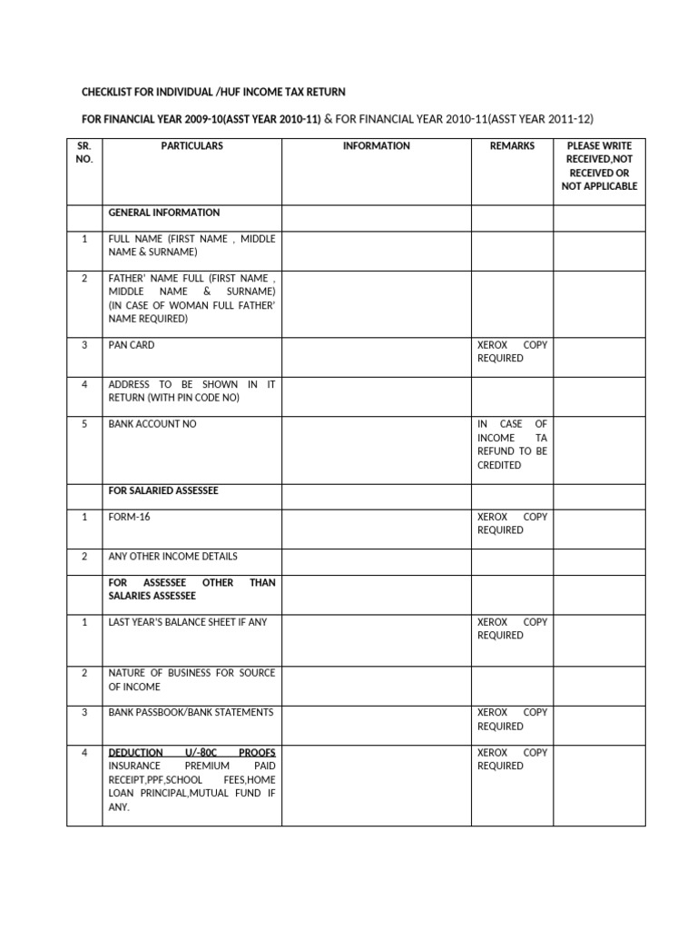 Income Tax Return Checklist 2009-11 | PDF | Banks | Loans