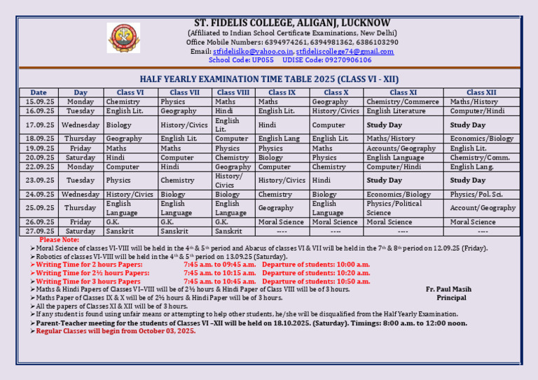 Half Yearly Exam Timetable 2025 | PDF