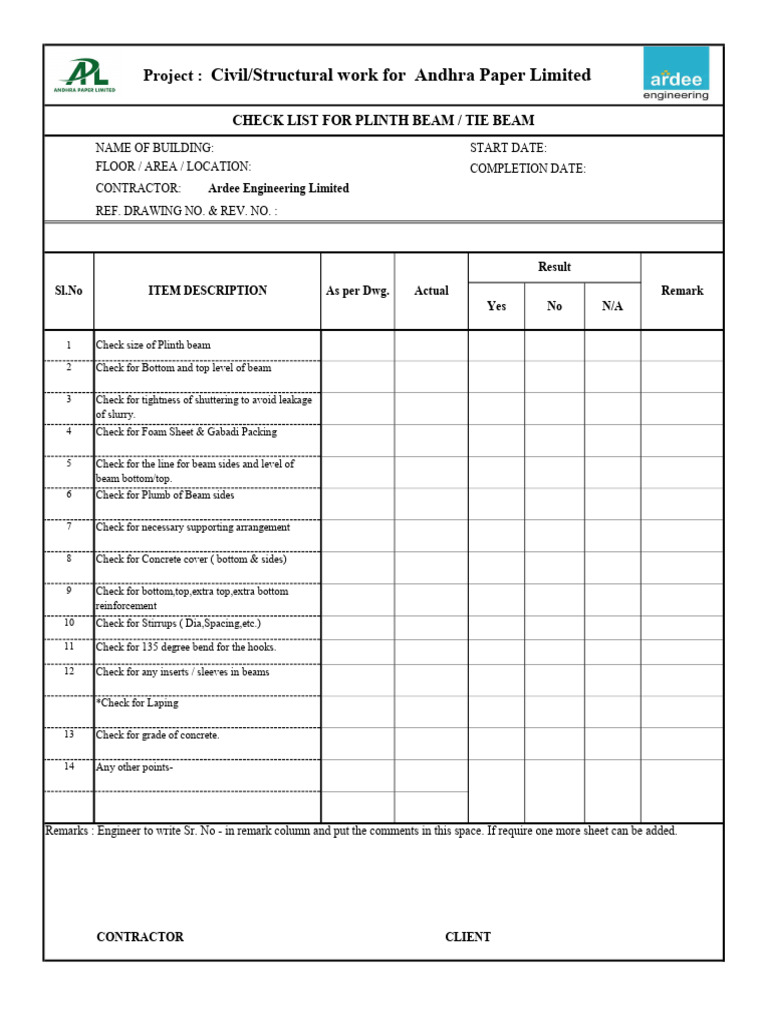 Plinth Beam Inspection Checklist | PDF