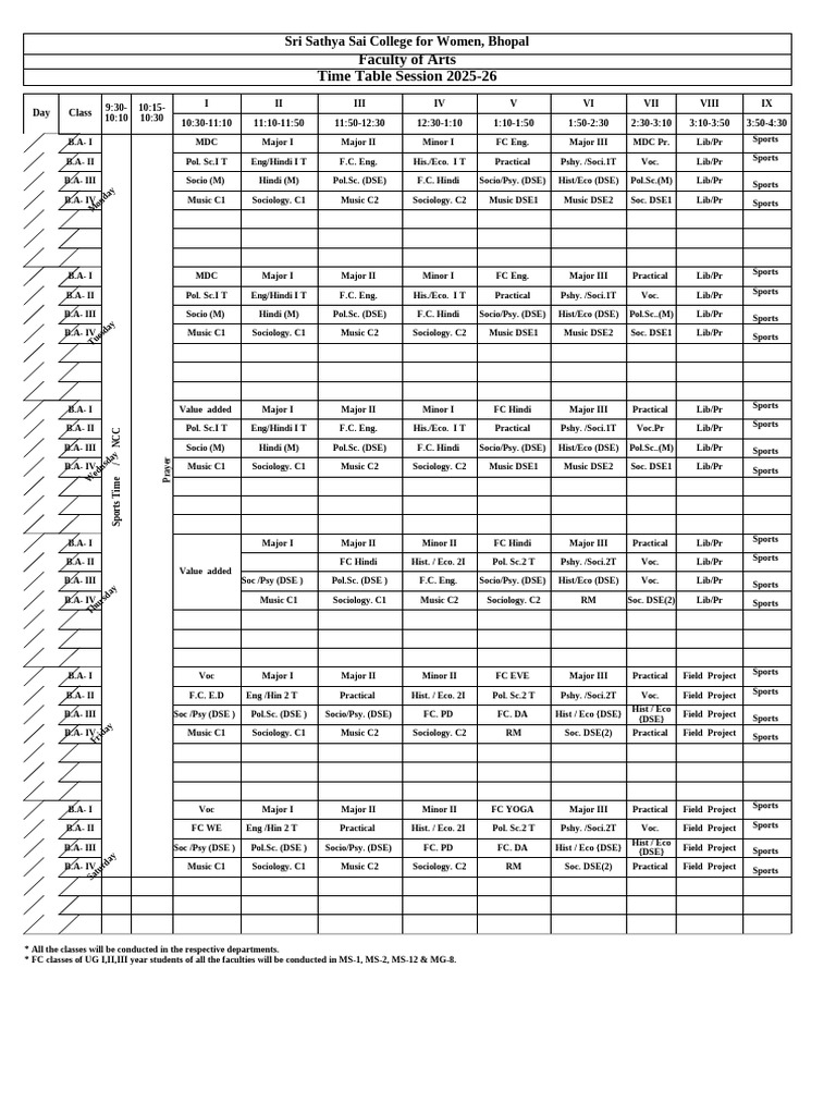 Arts Faculty Time Table 2025-26 | PDF | Liberal Arts Education | Science