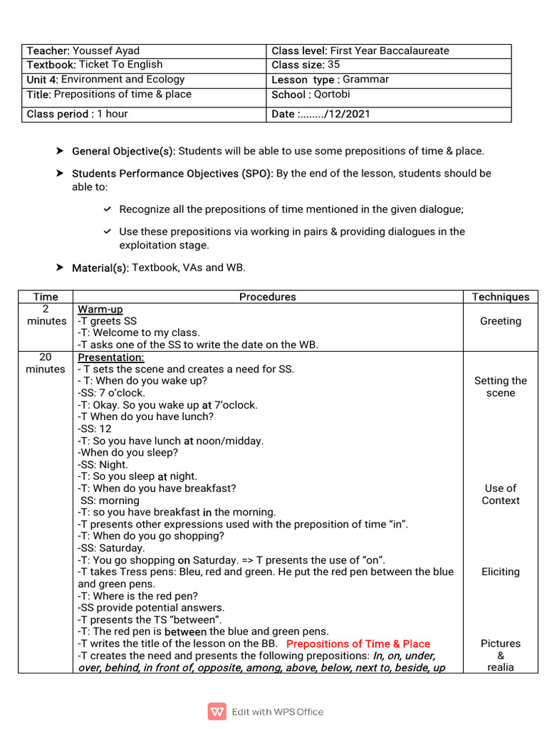 Prepositions of Time and Place Lesson | PDF