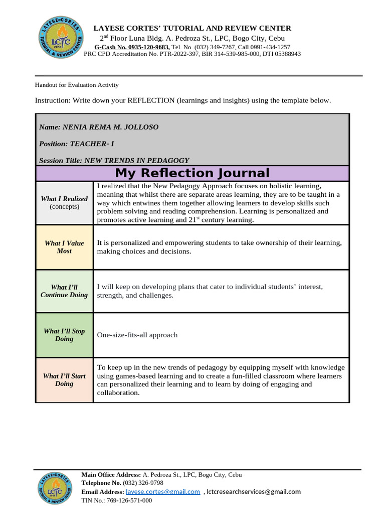 New Trends in Pedagogy Reflection Journal | PDF