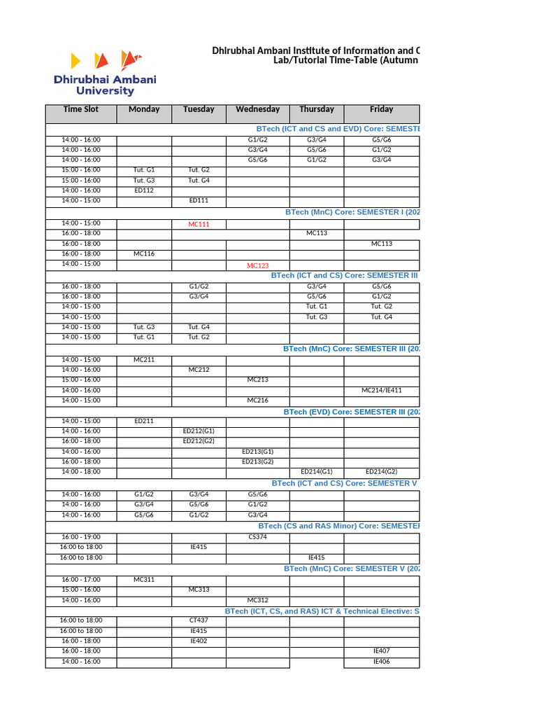 Lab Tutorial Time Table Aut AY2025 26... 31 7 2025 18 47 DAPO | PDF