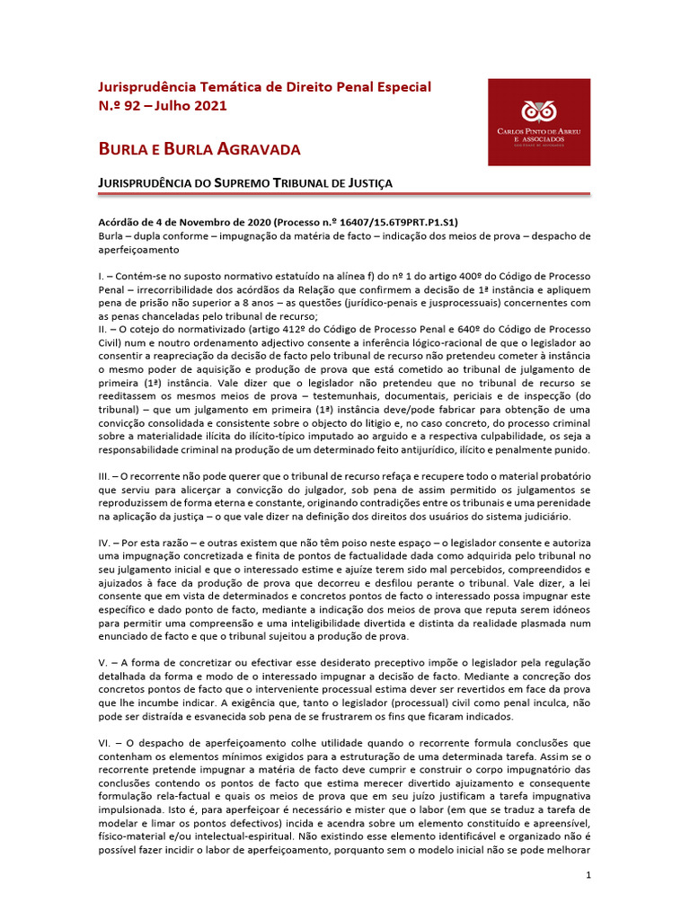 Jurisprudência sobre Burla e Pena Penal | PDF | Crimes | Crime e Violência
