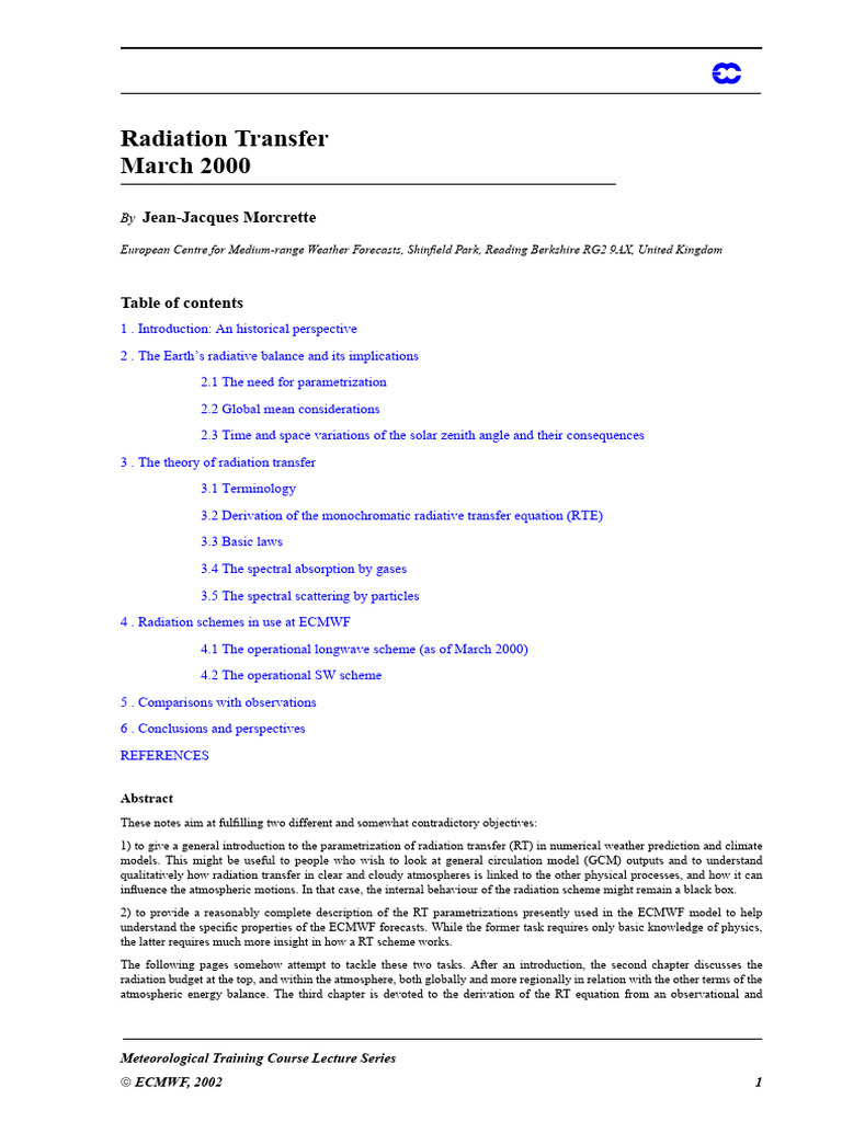 Radiation Transfer in Weather Models | PDF | Atmosphere Of Earth ...