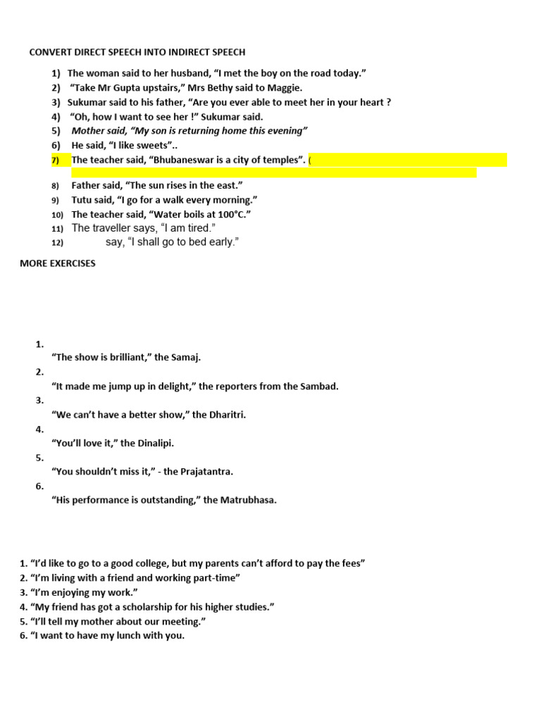 Indirect Speech Conversion Exercises | PDF | Syntax | Grammar