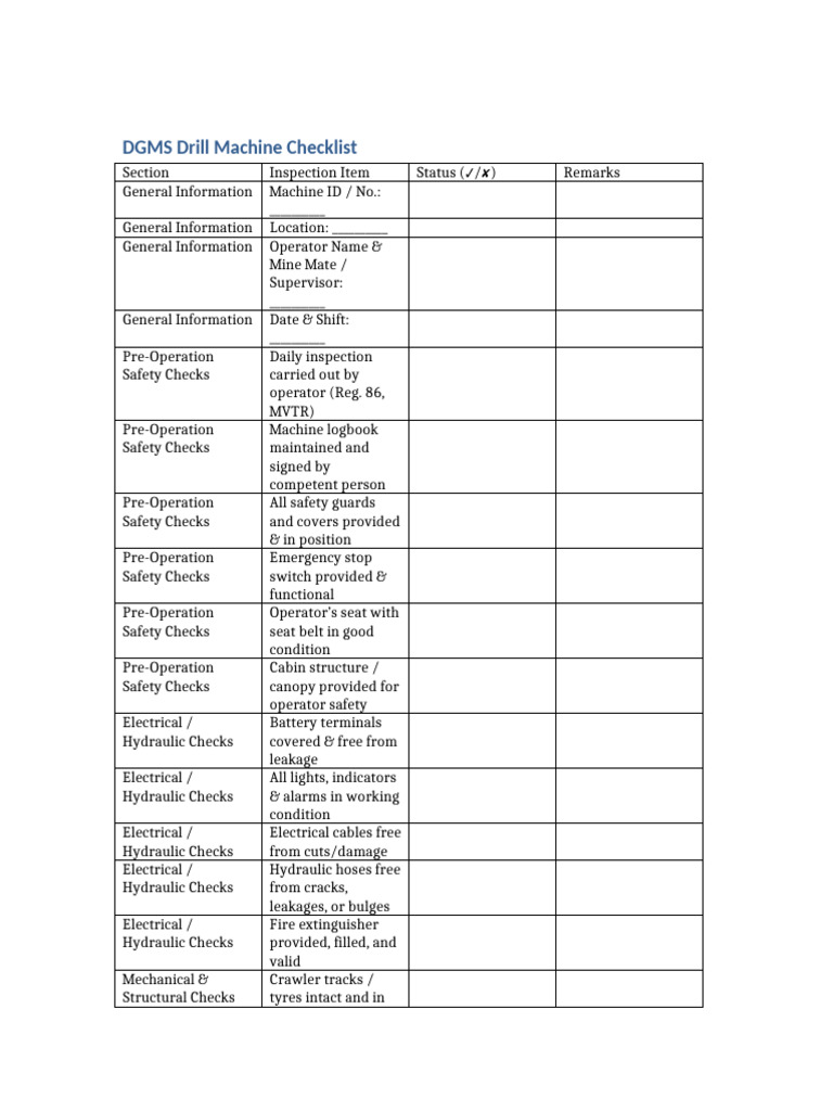 DGMS Drill Machine Safety Checklist | PDF | Mechanical Engineering ...