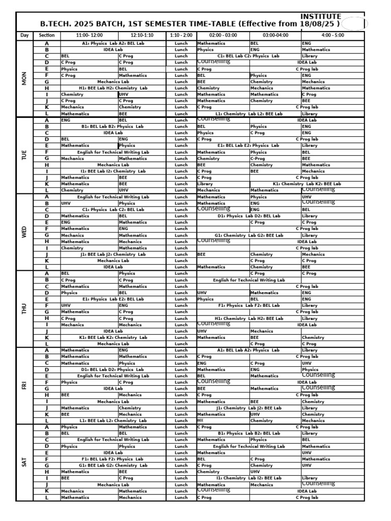 BTech 2025 1st Sem Timetable Effective From 18 Aug 25 Updated | PDF ...