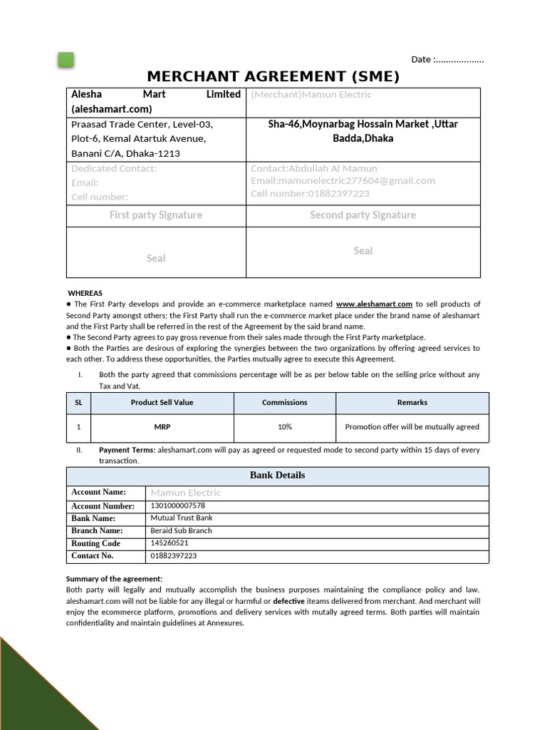 Merchant Agreement for Aleshamart E-commerce | PDF | Sales | Breach Of ...