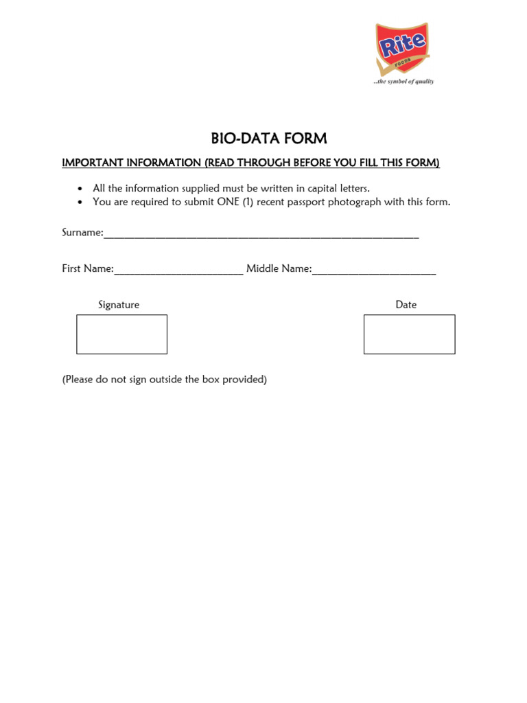 RITE FOODS Limited Bio-Data Form | PDF