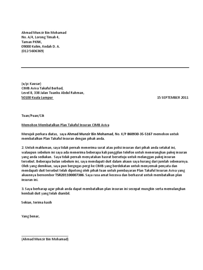 Surat Pembatalan Insuran Aviva