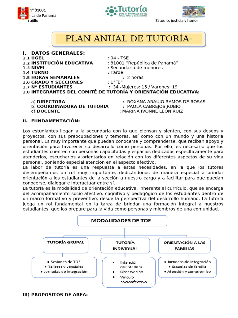 Plan Anual de Tutoría 2025 I.E. 81001 | PDF | Autoestima | Aprendizaje