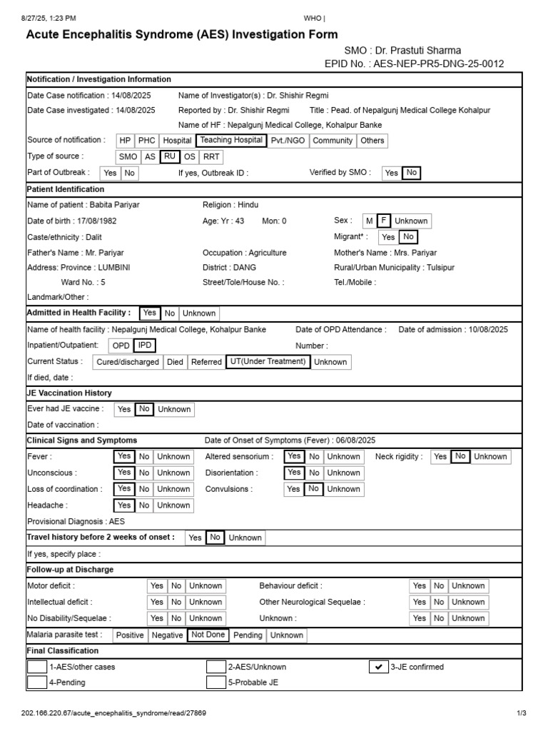 Babita Pariyar AES Case Report | PDF | Diseases And Disorders | Medical ...