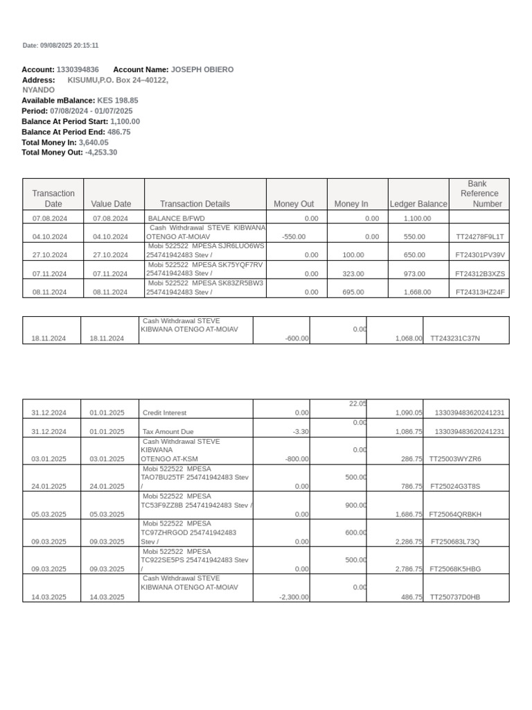 Joseph Obiero Account Summary 2025 | PDF | Cash | Money