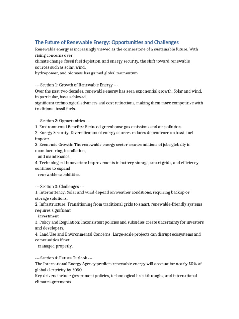 The Future of Renewable Energy Opportunities and Challenges | PDF