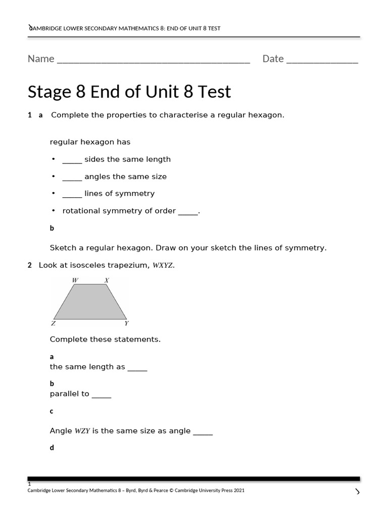 Maths Stage 8 End of Unit 8 Test | PDF | Rectangle | Euclidean Geometry