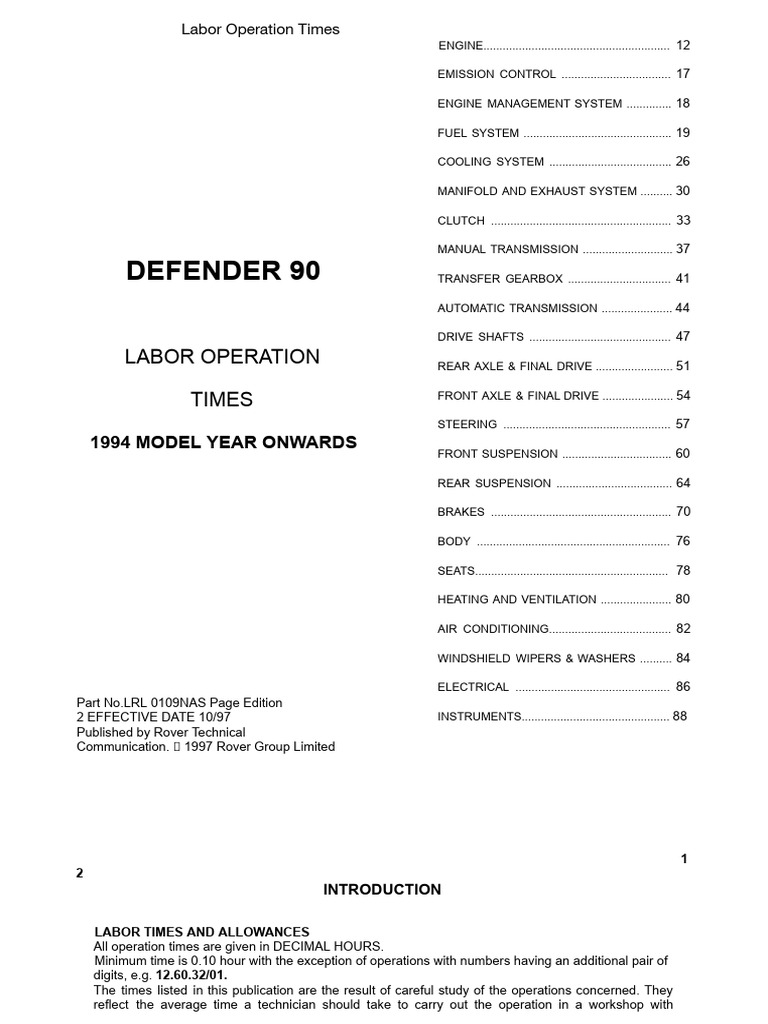 Defender 90 Labor Operation Times Guide | PDF | Throttle | Engines