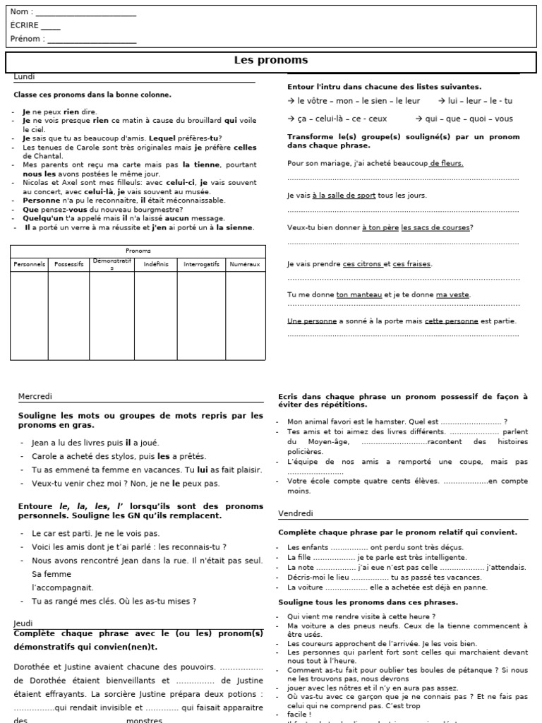 Exercices sur les pronoms et la numération | PDF | Pronom | Nombre ...