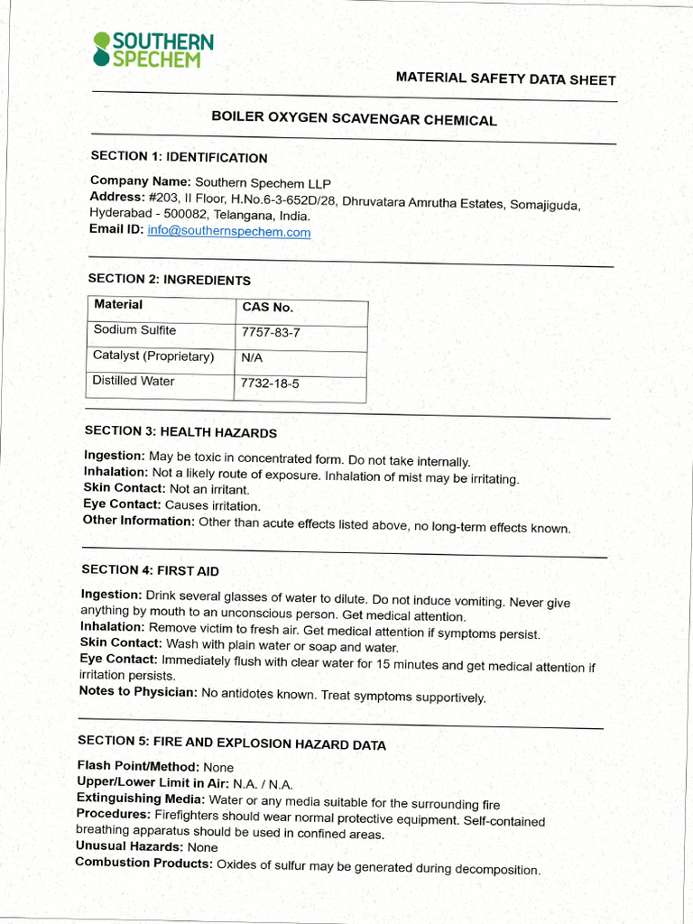Boiler Oxygen Scavengar Chemical Msds-Scan | PDF