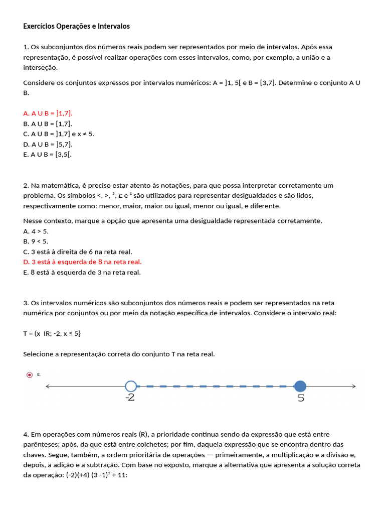 Exercícios sobre Intervalos e Operações | PDF