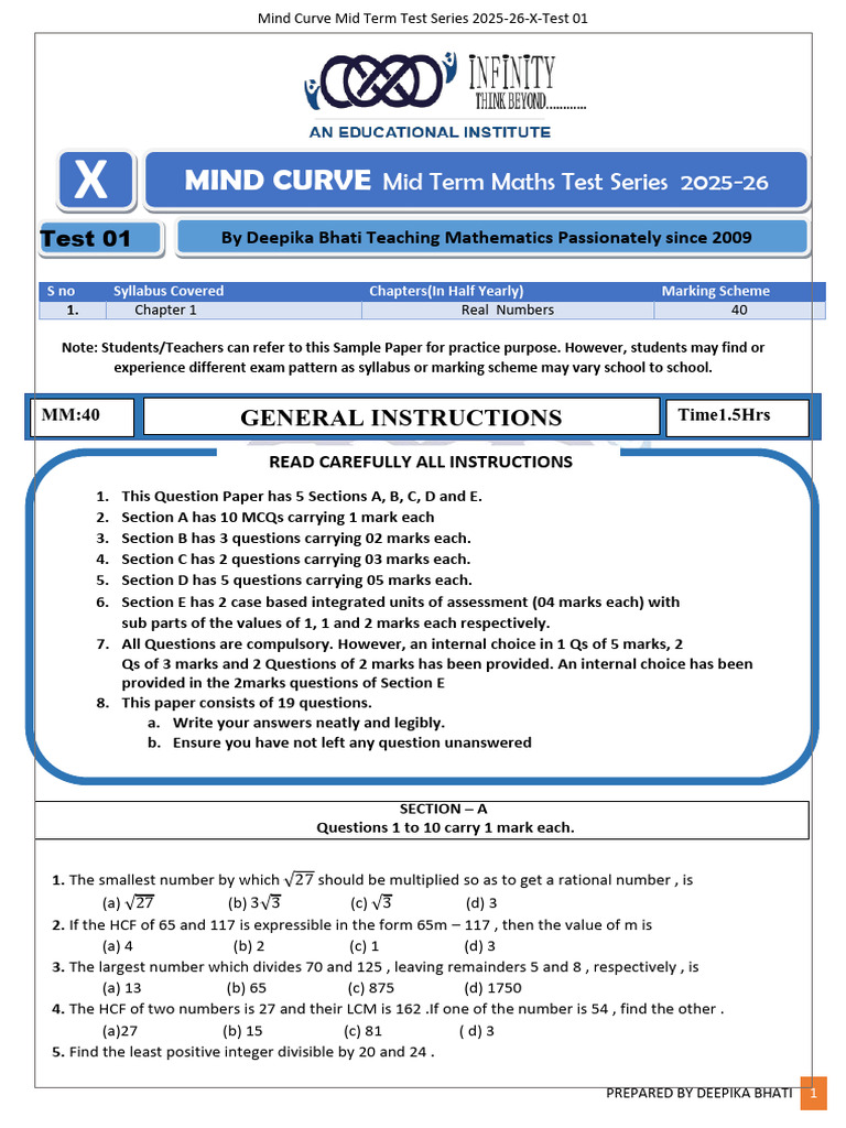 Mid Term Maths Test Series 2025-26 | PDF | Numbers | Elementary Mathematics