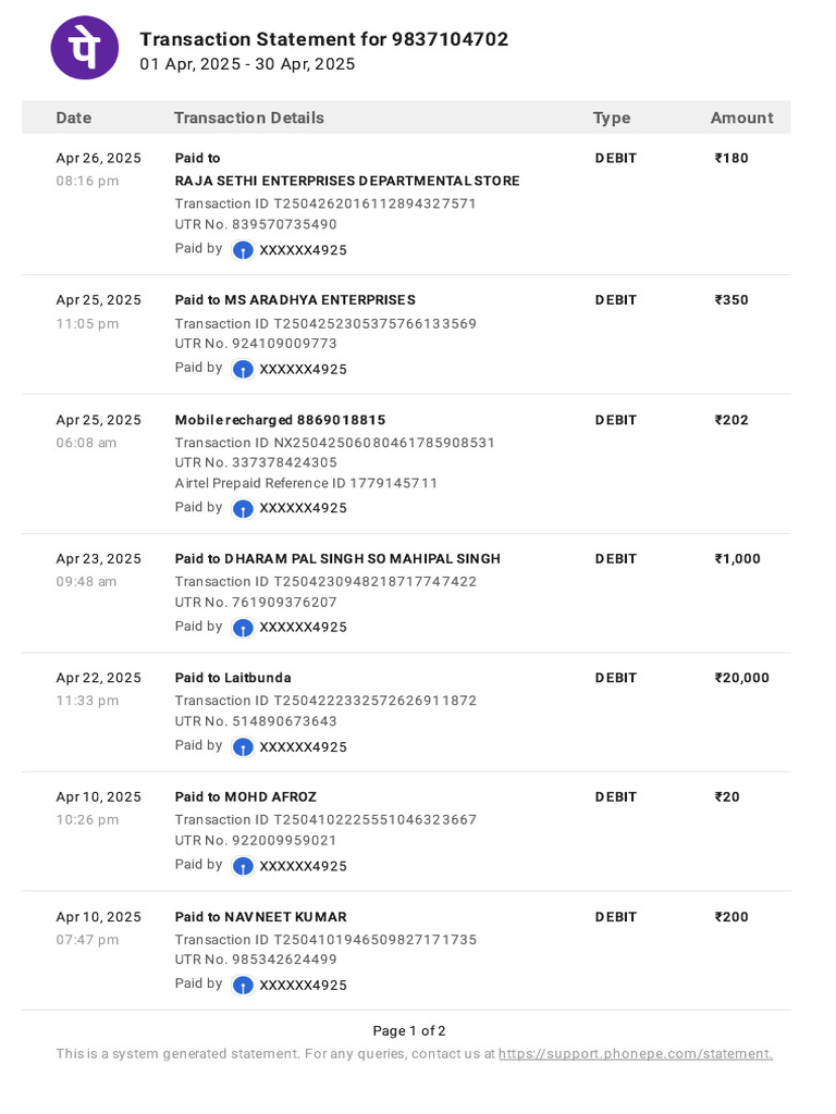 April 2025 Transaction Statement | PDF | Debit Card | Banking Technology