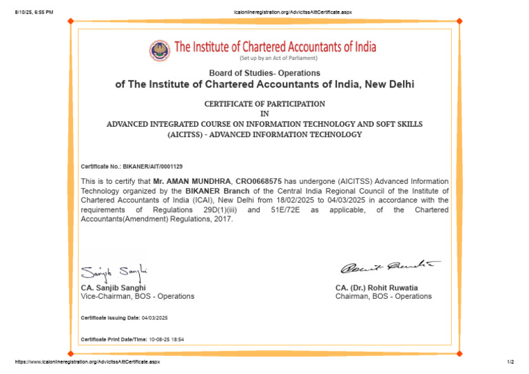 AICITSS Advanced IT Course Certificate | PDF