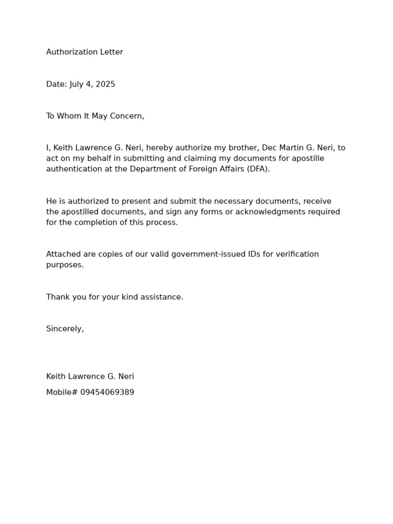 Authorization Letter for DFA Apostille | PDF