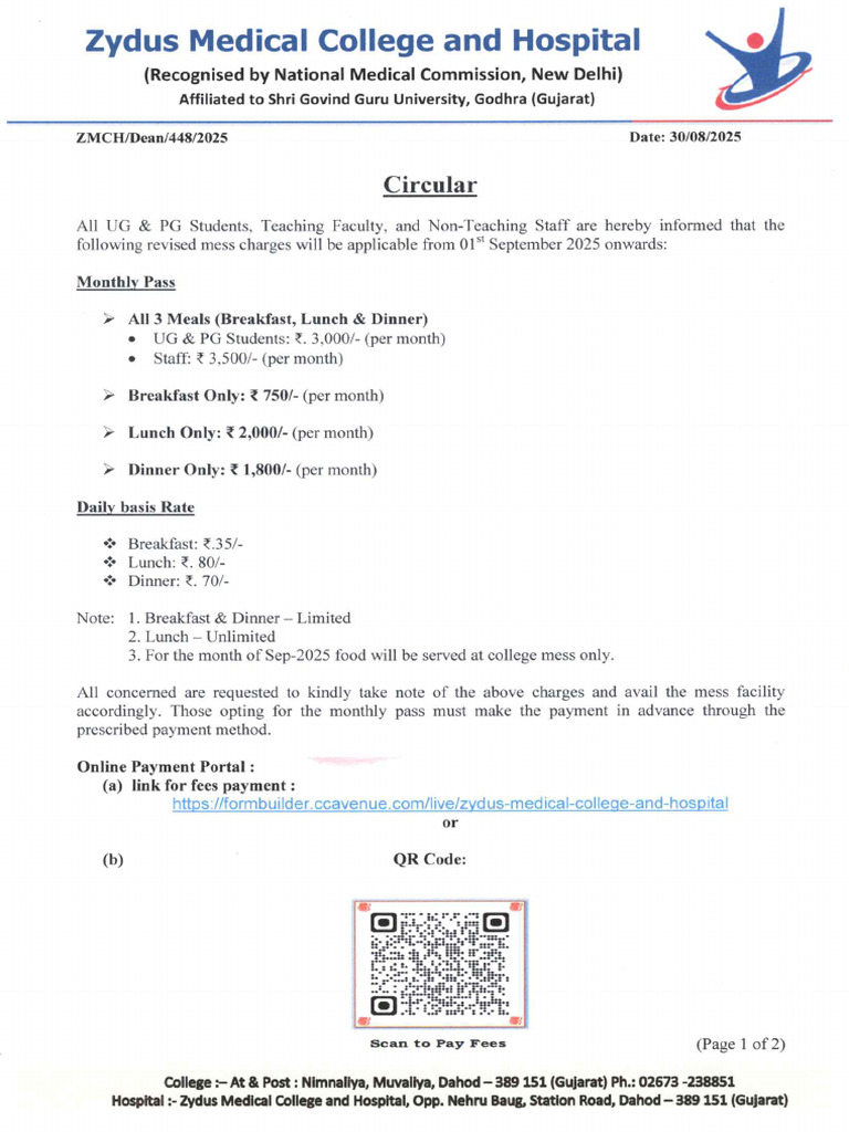 Circular For Mess Fees | PDF