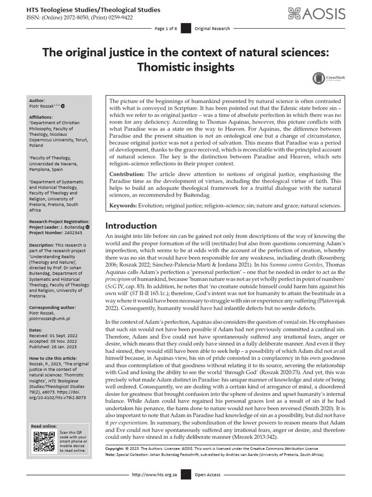 The Original Justice in The Context of Natural Sciences: Thomistic ...
