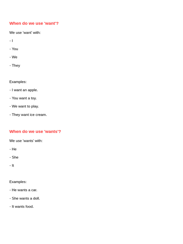 Want vs. Wants Grammar Guide | PDF