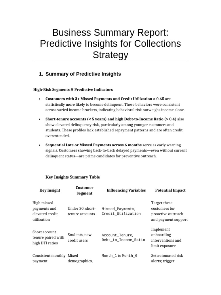 Predictive Insights for Collections Strategy | PDF | Risk | Credit