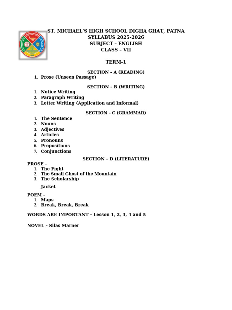 Class 7 Syllabus 20252026 English PDF