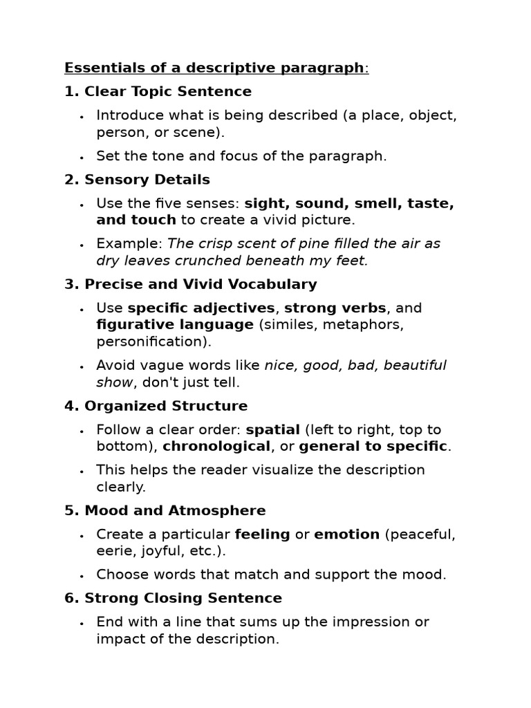 Essentials of A Descriptive Paragraph | PDF