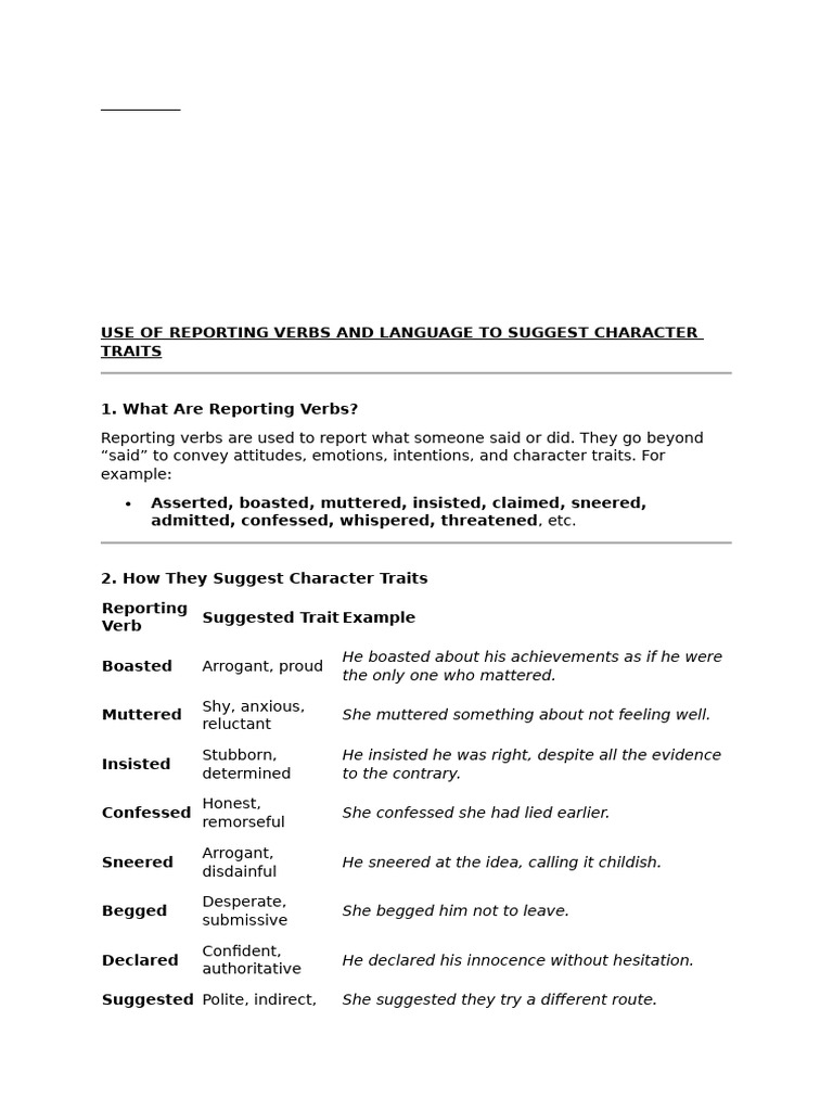 Reporting Verbs Indicating Character Traits | PDF