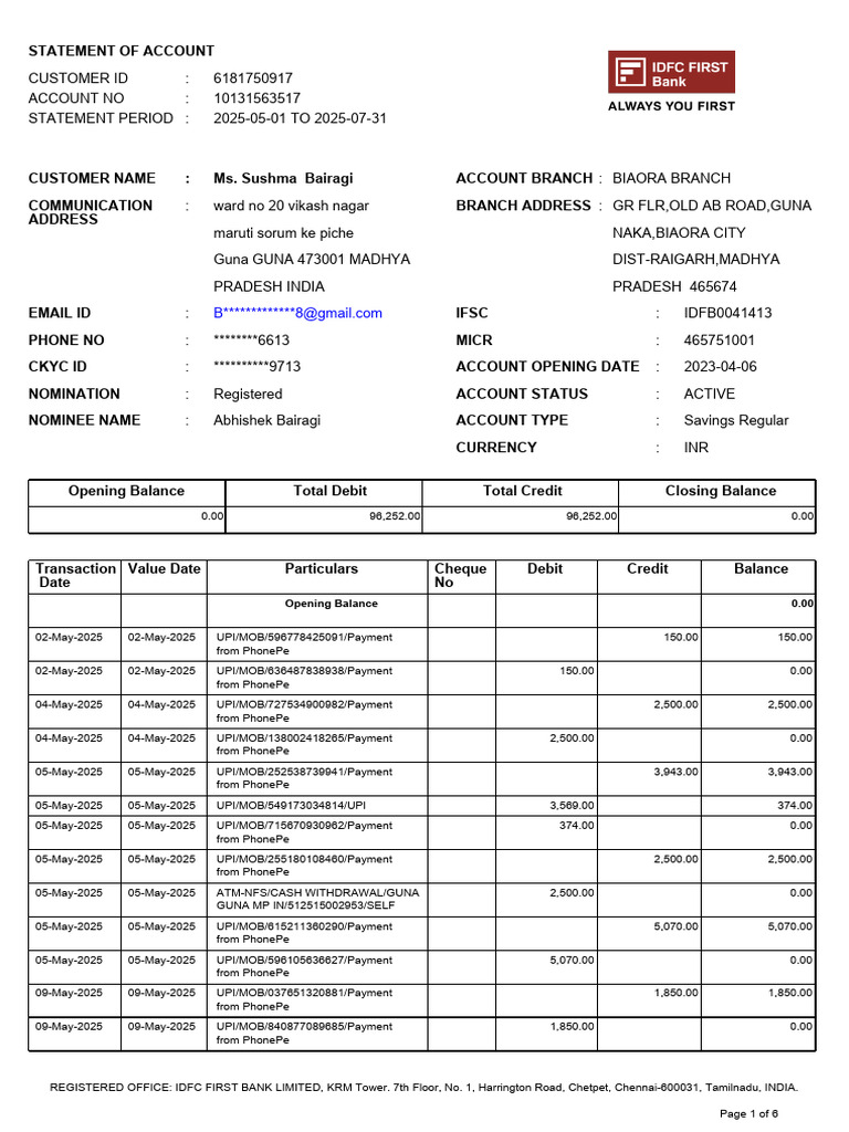 Account Statement for Ms. Sushma Bairagi | PDF | Payments | Debit Card