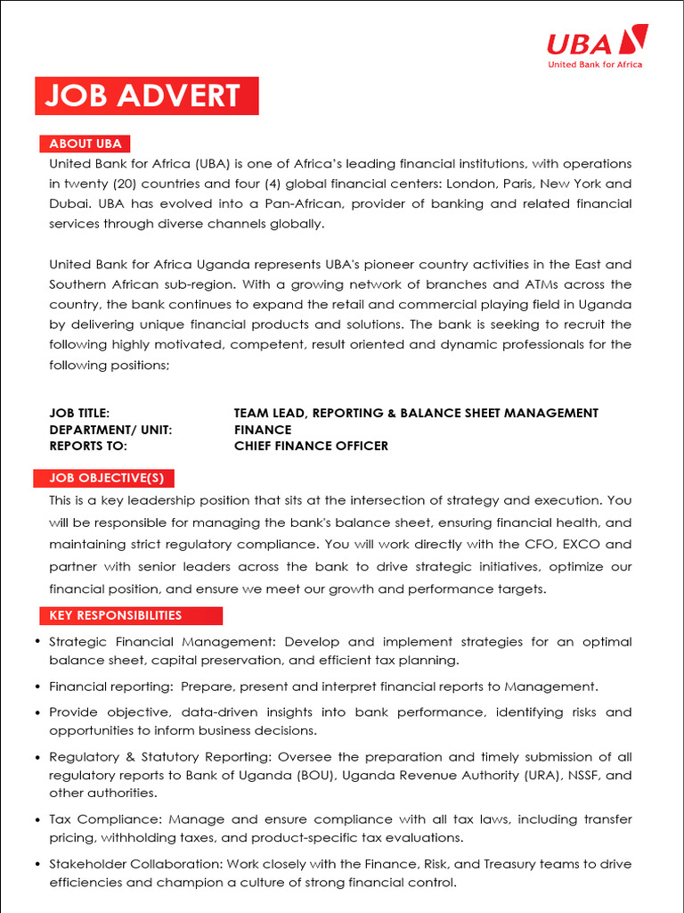 UBA Team Lead Reporting Balance Sheet Management JD | PDF | Banks ...