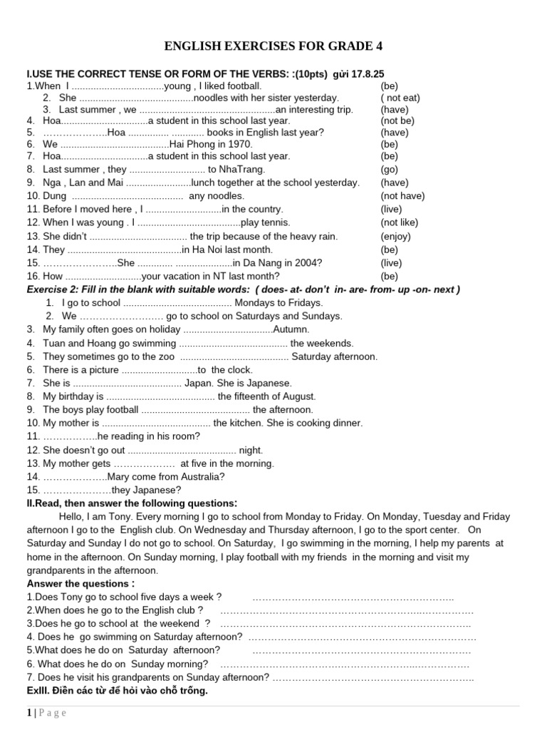 Grade 4 English Verb Exercises | PDF | Chess | Chess Theory