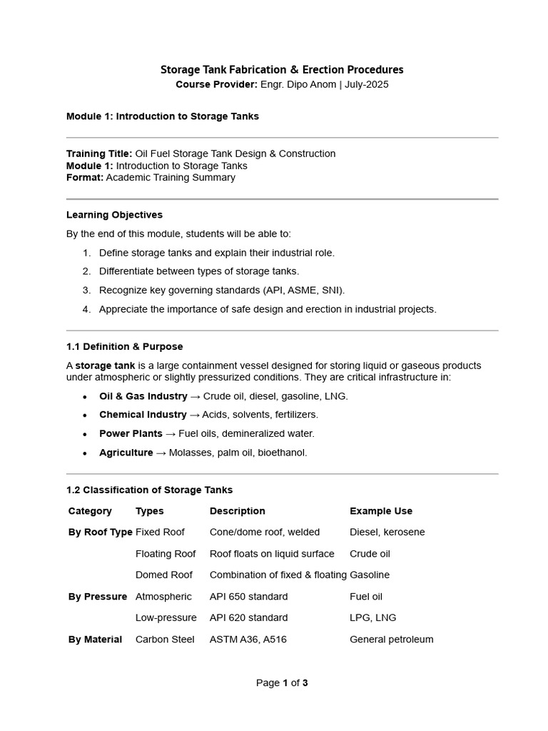 01 Module 1_Introduction to Storage Tanks | PDF | Fuels | Materials