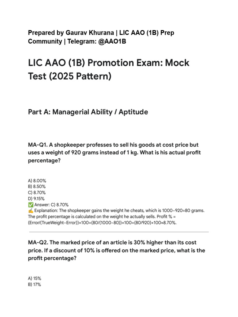 Mock Test-1 (Managerial Ability) - 100 Questions | PDF | Insurance | Area