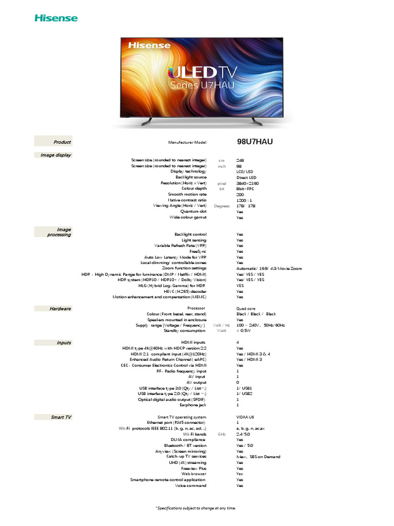 98U7HAU 4K Smart TV Specifications | PDF | Backlight | Electronic ...