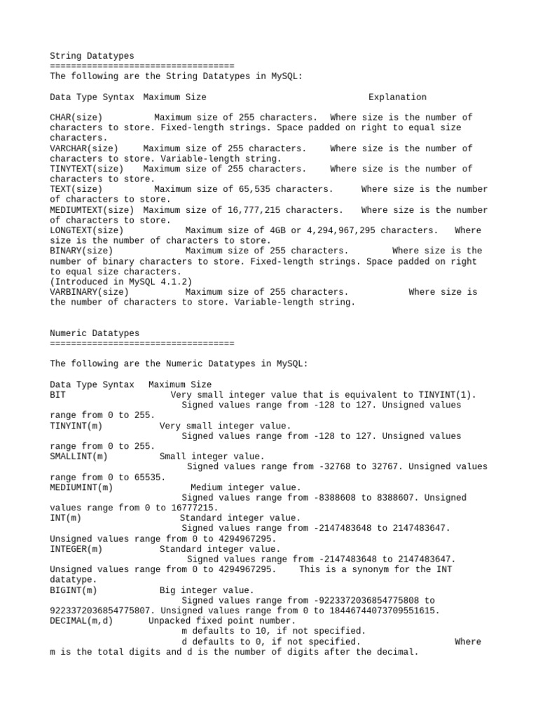 MySQL Data Types Overview | PDF | Integer (Computer Science) | String ...