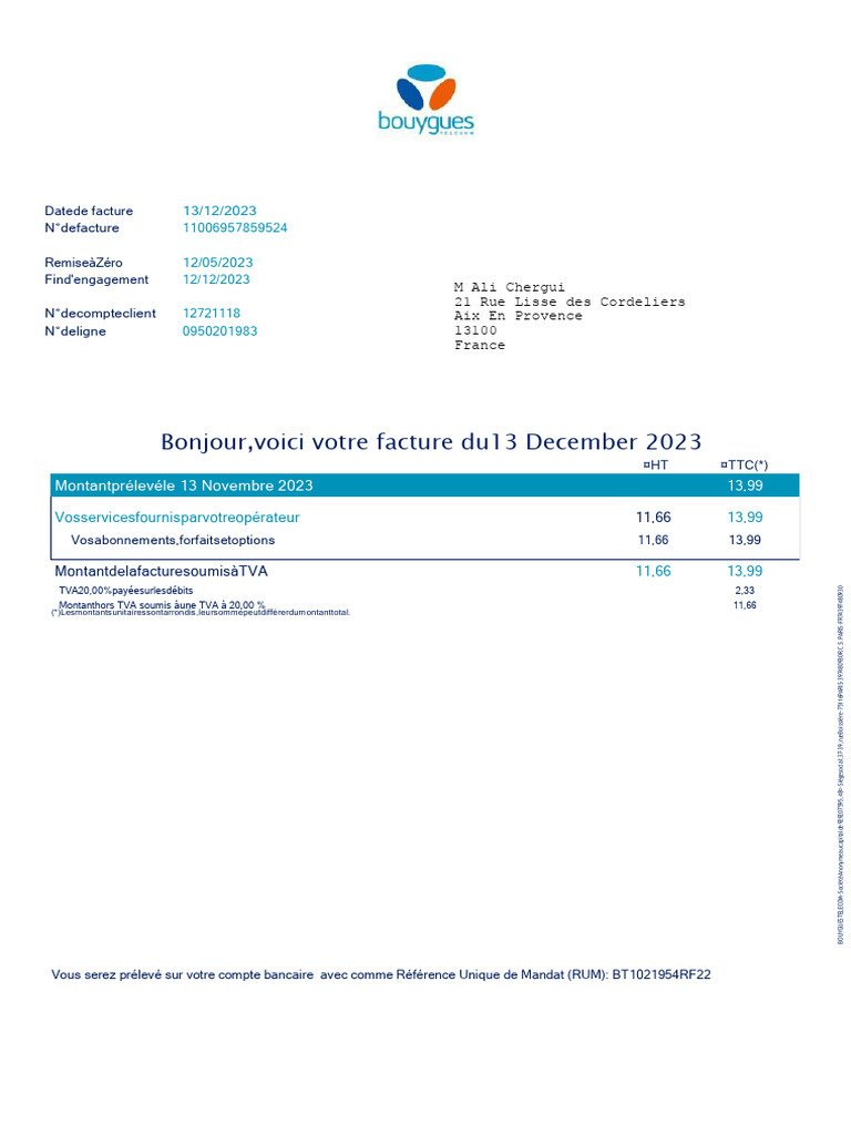 Facture Bouygues Telecom - Décembre 2023 | PDF | Sodles | Argent