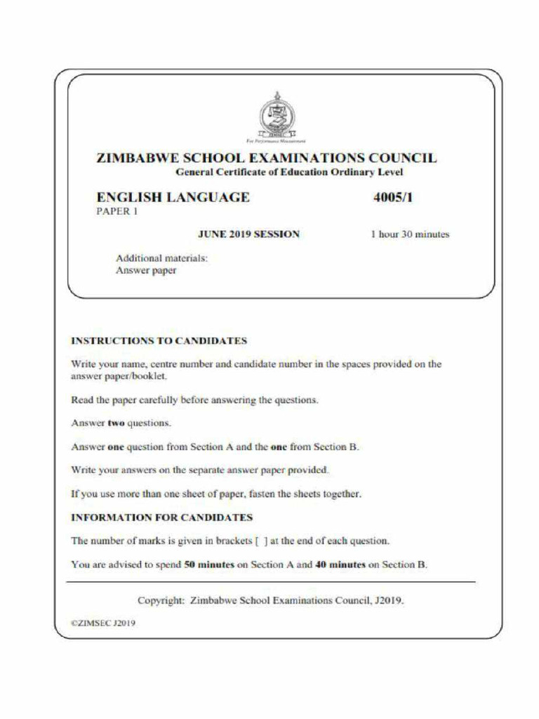 Zimbabwe O Level English Exam 2019 | PDF