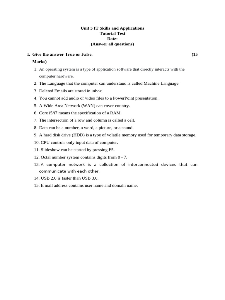 Unit 3 IT Skills and Applications Tutorial Test 2025 | PDF | Computer ...