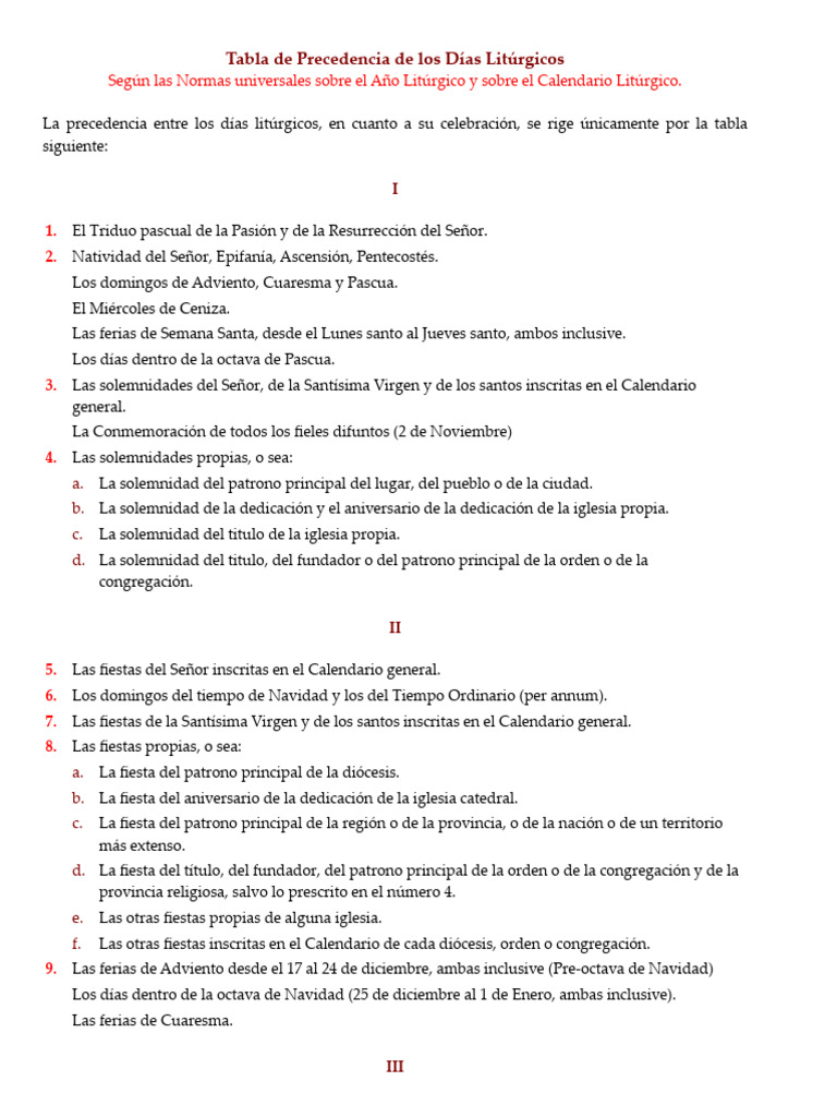 Tabla de Precedencia Litúrgica | PDF | Año litúrgico | Pascua de ...