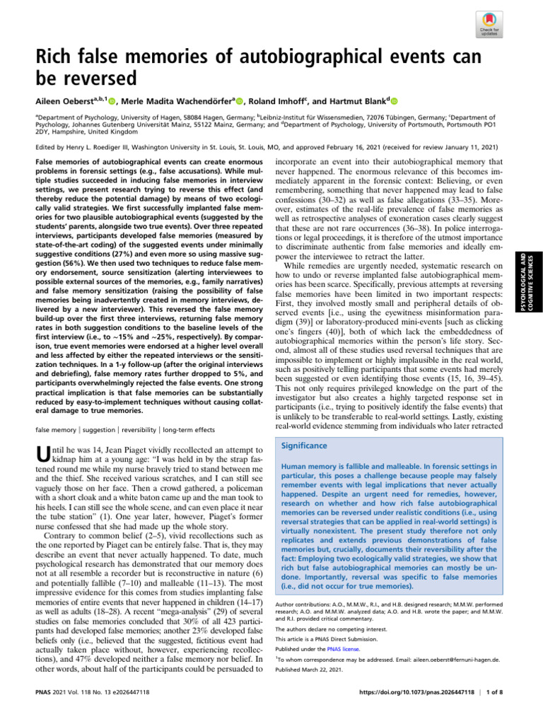 Reversing Rich False Memories | PDF | Memory | Recall (Memory)