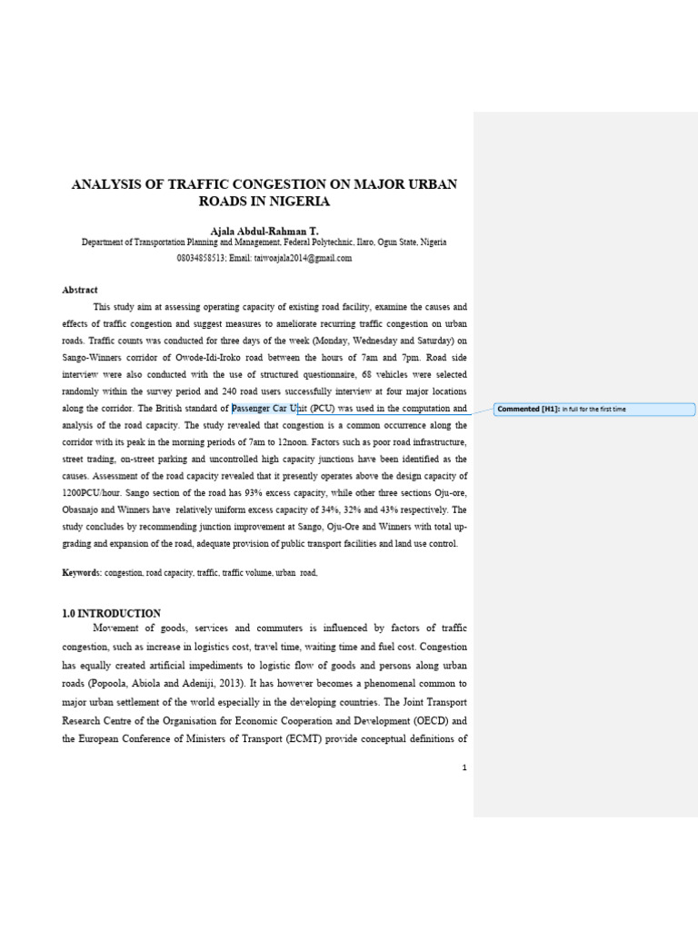 Traffic Congestion Analysis in Nigeria | PDF | Traffic | Traffic Congestion