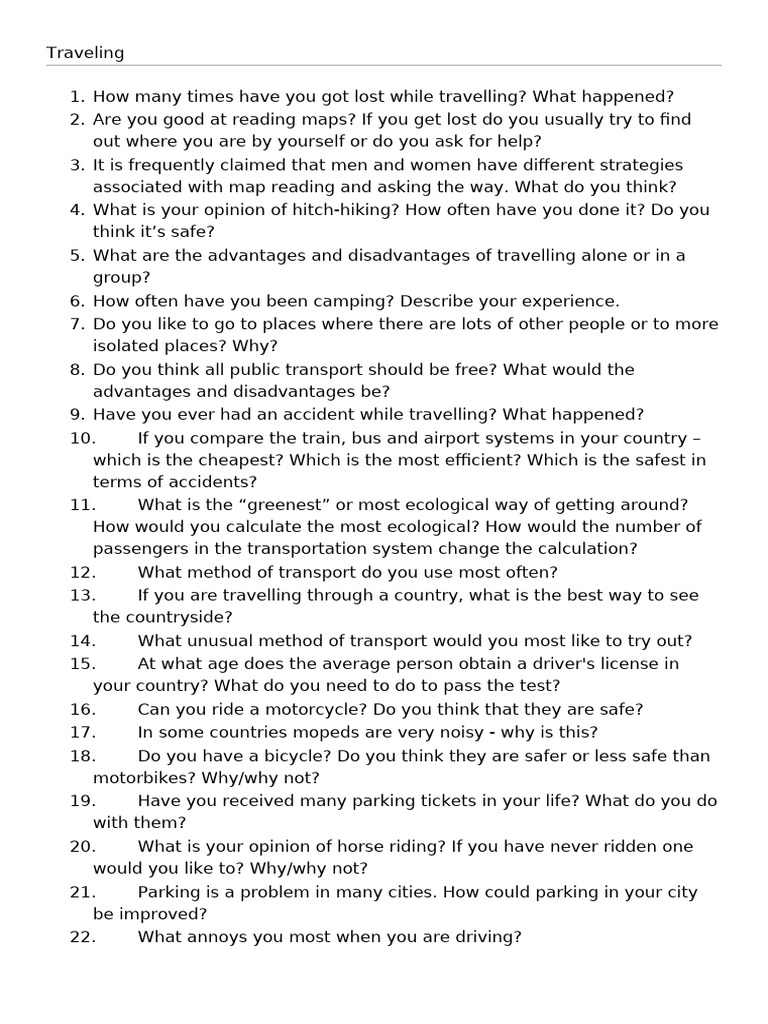 Travel Conversation Questions for ESL | PDF