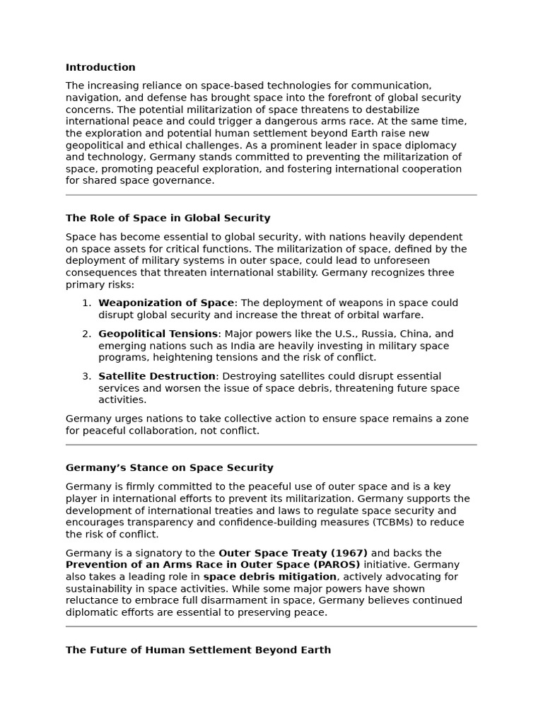 Germany's Commitment to Peaceful Space Exploration | PDF | Space ...